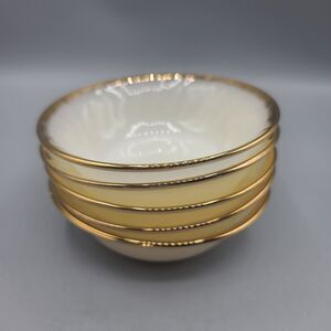 Vintage Anchor Hocking Fire King 5 Berry Bowls White Gold Trim Swirl Milk Glass